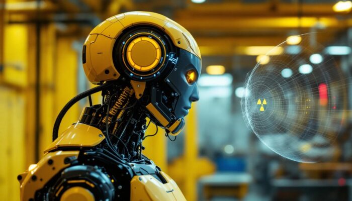 A photograph of a high-tech industrial robot equipped with a radiation detection sensor actively scanning a workspace