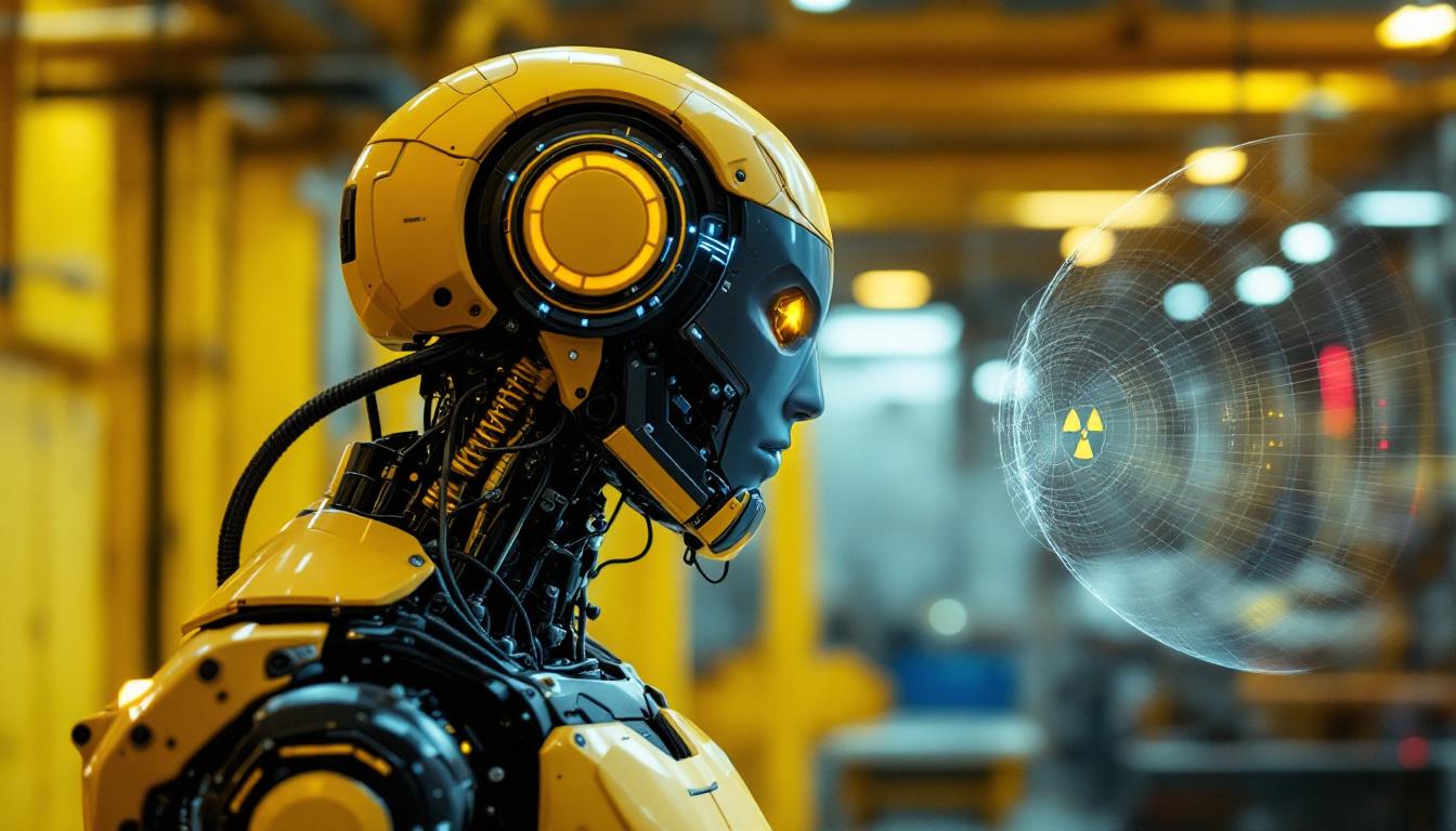 A photograph of a high-tech industrial robot equipped with a radiation detection sensor actively scanning a workspace