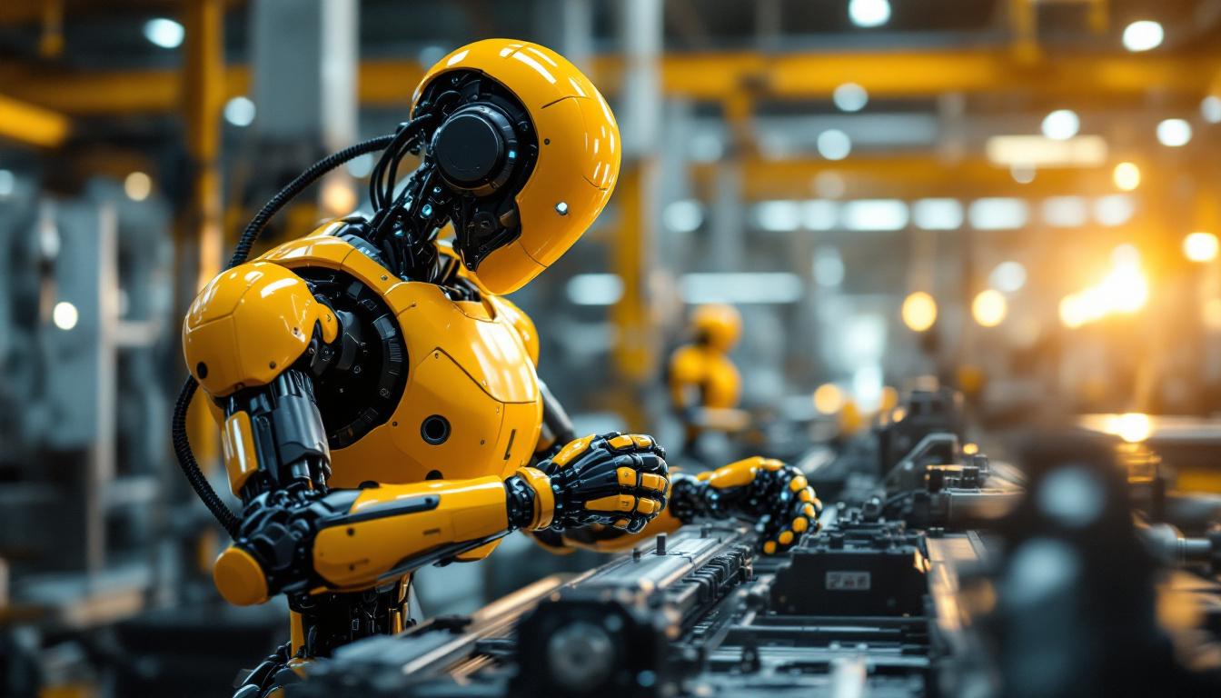 A photograph of a sleek industrial robot in action within a modern manufacturing facility