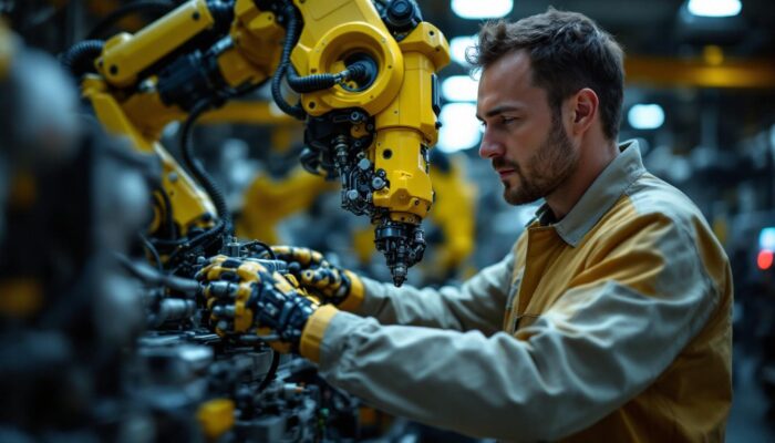 A photograph of a skilled technician working on an industrial robotic arm in a modern manufacturing facility
