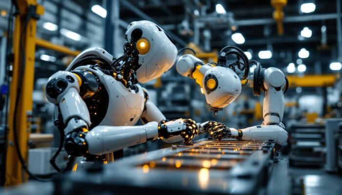 A photograph of a sleek industrial robot in action within a manufacturing environment