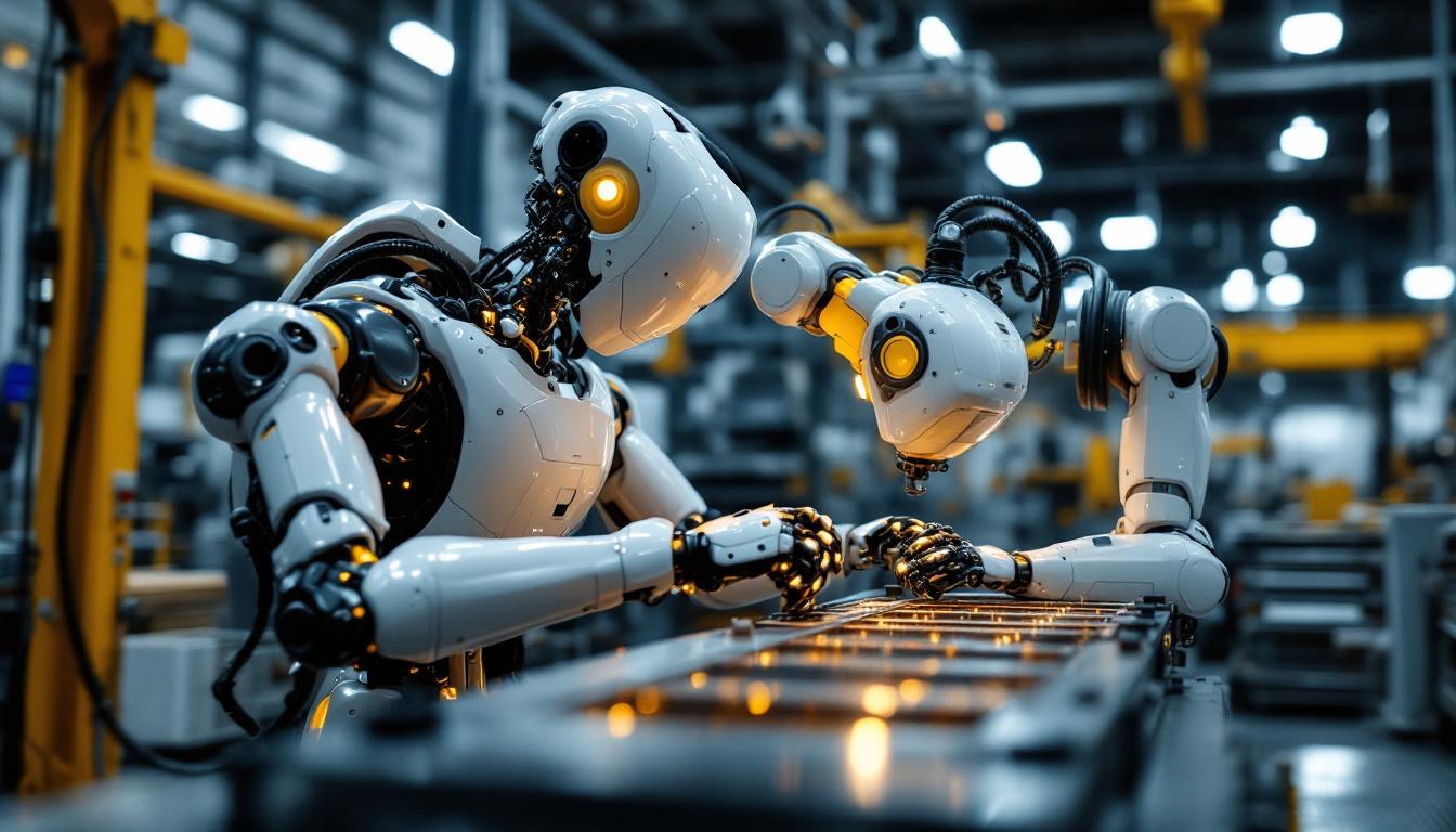 A photograph of a sleek industrial robot in action within a manufacturing environment