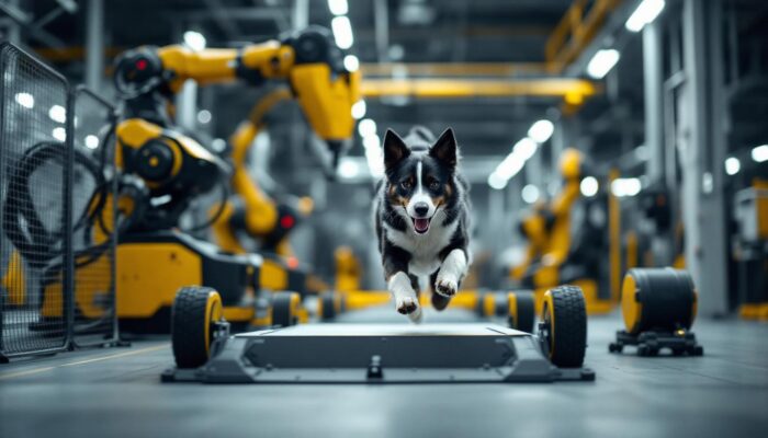 A photograph of a dynamic scene featuring a dog navigating an agility course