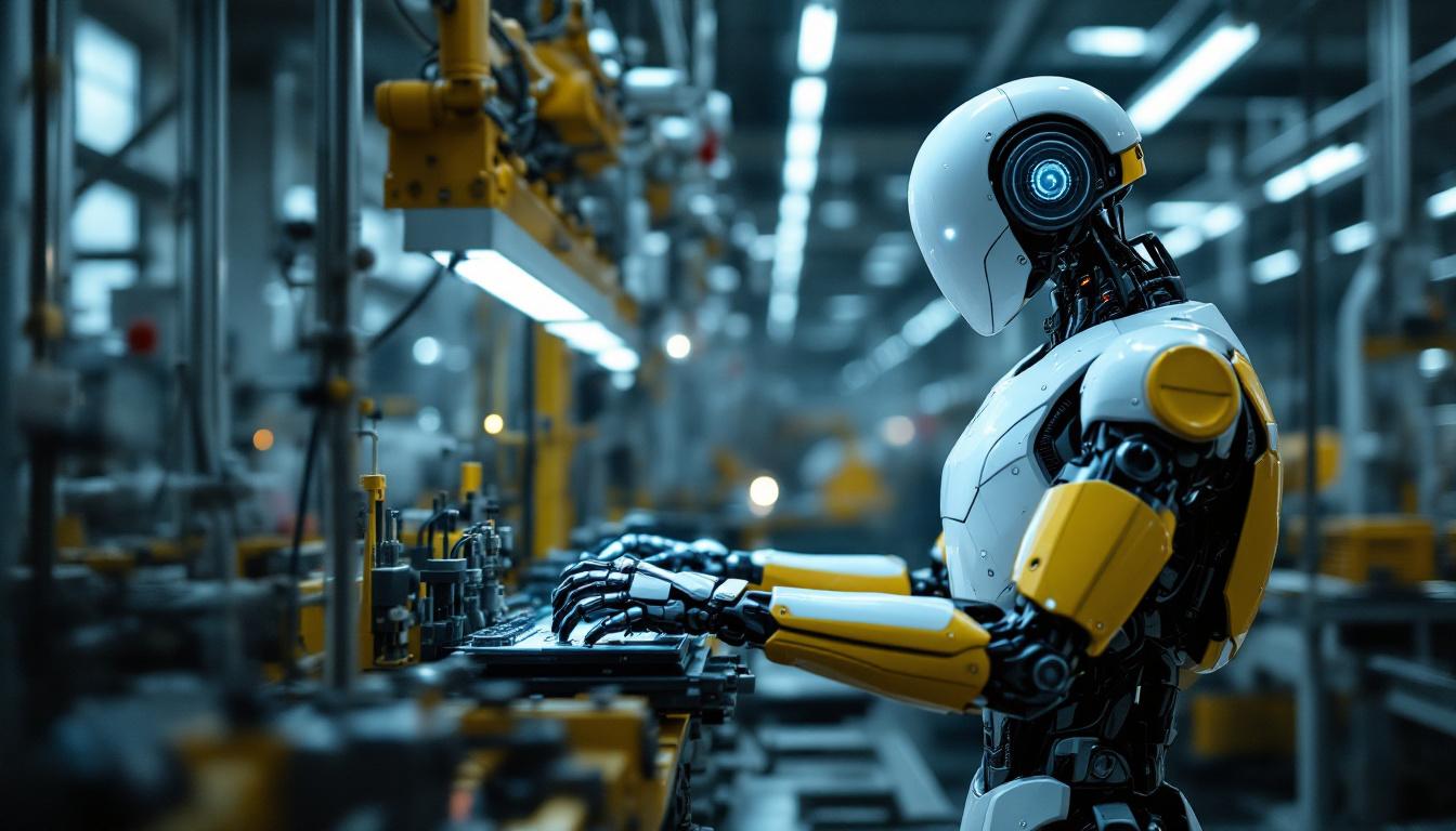 A photograph of a humanoid android interacting with industrial machinery in a modern factory setting