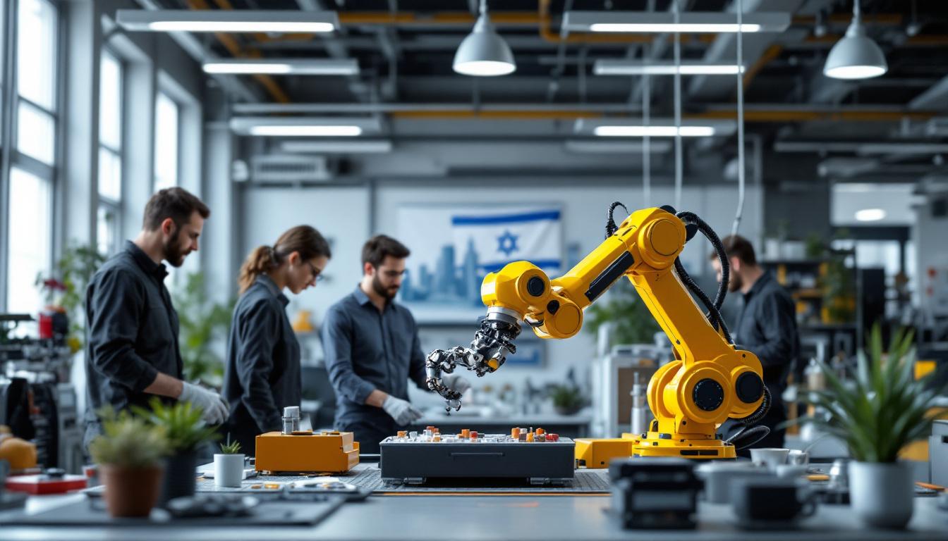 A photograph of a dynamic industrial robotics workspace