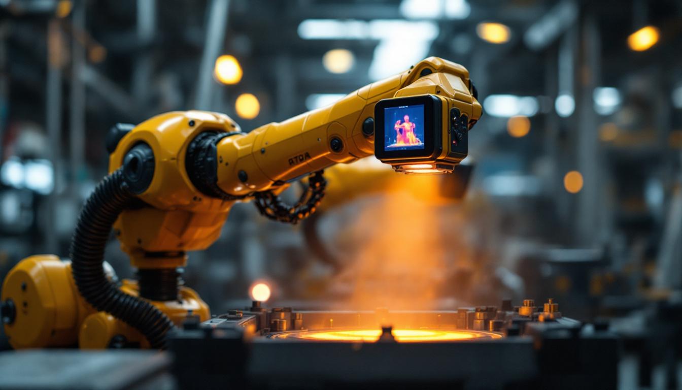 A photograph of a robotic arm equipped with a thermocamera in an industrial setting