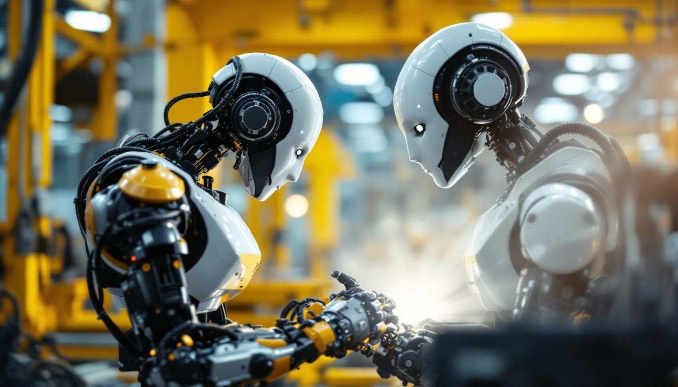 A photograph of a sleek industrial robot in action within a manufacturing environment