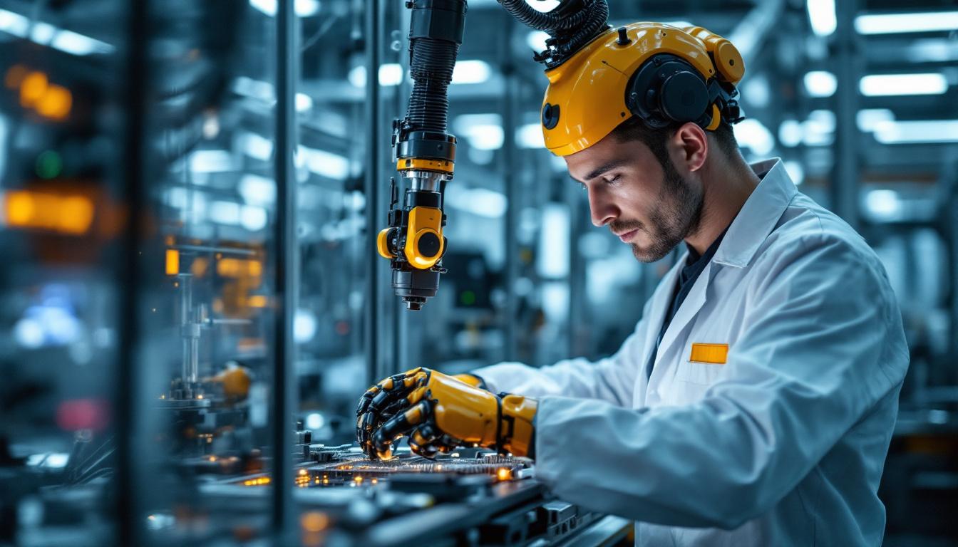 A photograph of a skilled technician operating an advanced industrial robot in a modern manufacturing environment