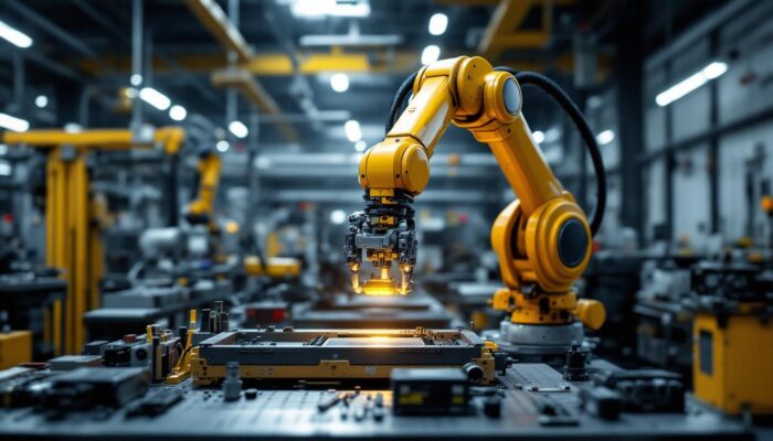 A photograph of a sleek industrial robotic arm in action within a modern manufacturing facility