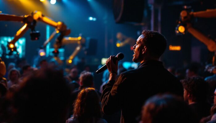 A photograph of a lively open mic event in chicago