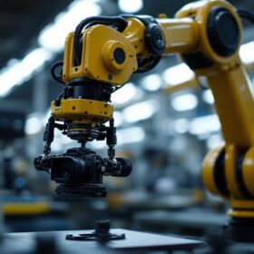 A photograph of capture a photograph of an industrial robotic arm in action