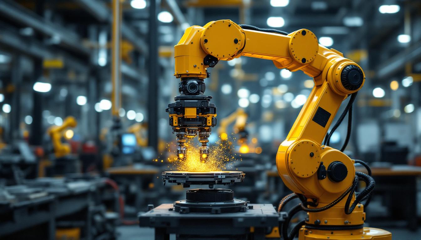 A photograph of a dynamic industrial robotic arm in action