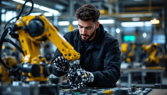A photograph of a mechanical engineering student engaged in hands-on work with an industrial robot in a modern lab setting
