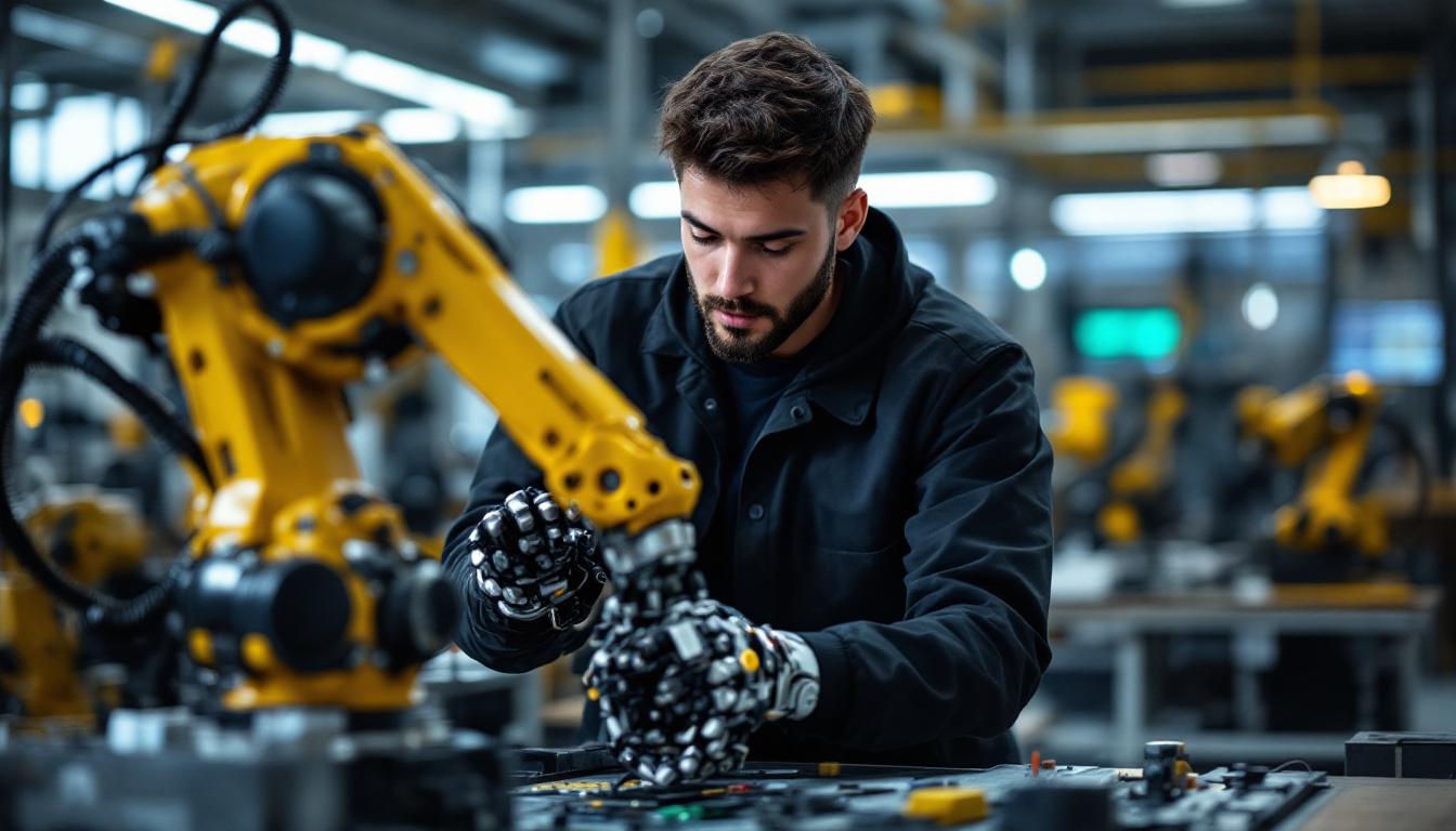 A photograph of a mechanical engineering student engaged in hands-on work with an industrial robot in a modern lab setting