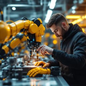 A photograph of a biomedical engineer working with advanced industrial robotics in a high-tech laboratory setting