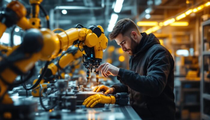 A photograph of a biomedical engineer working with advanced industrial robotics in a high-tech laboratory setting