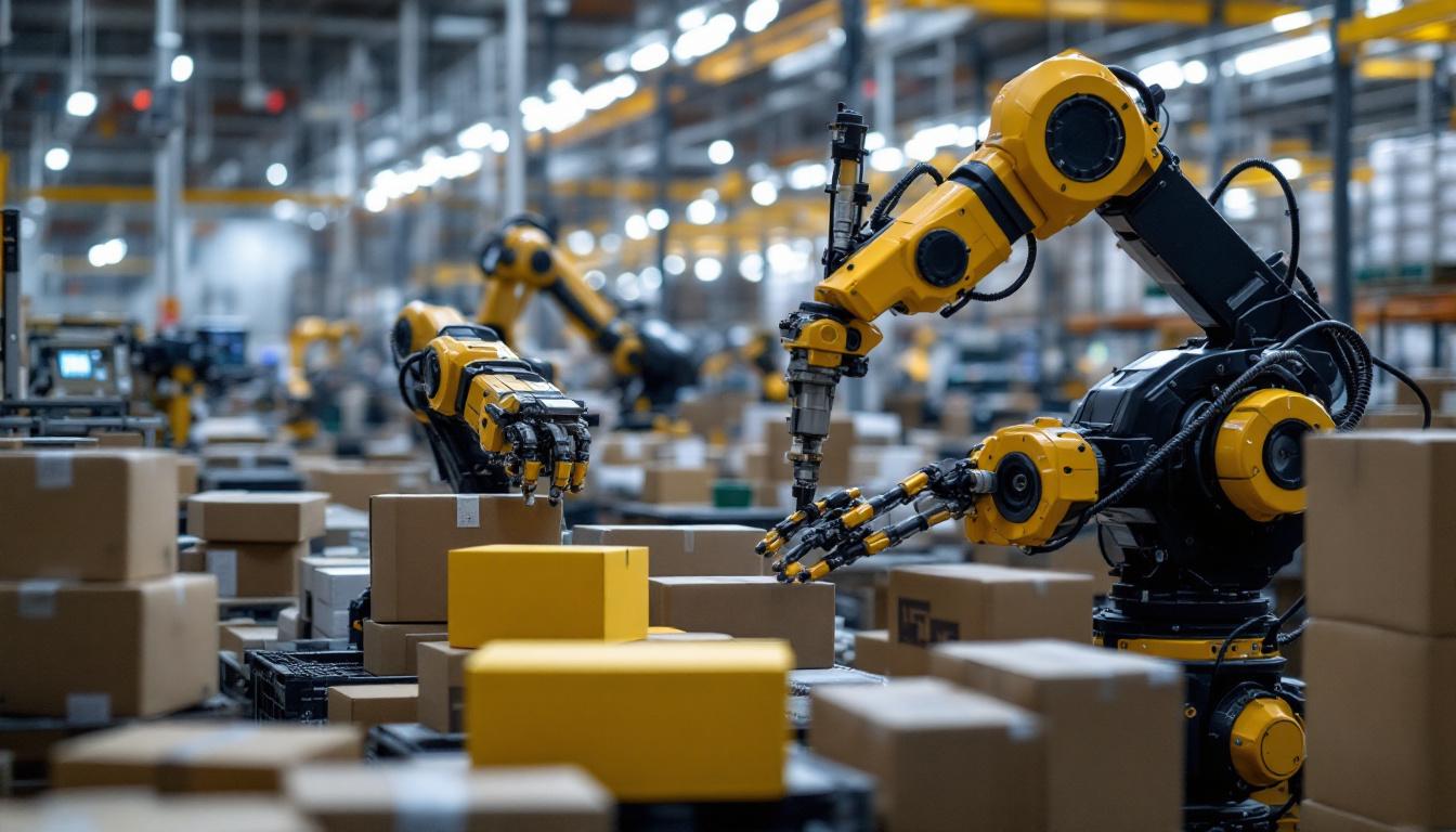 A photograph of a busy fulfillment center showcasing a variety of industrial robots in action