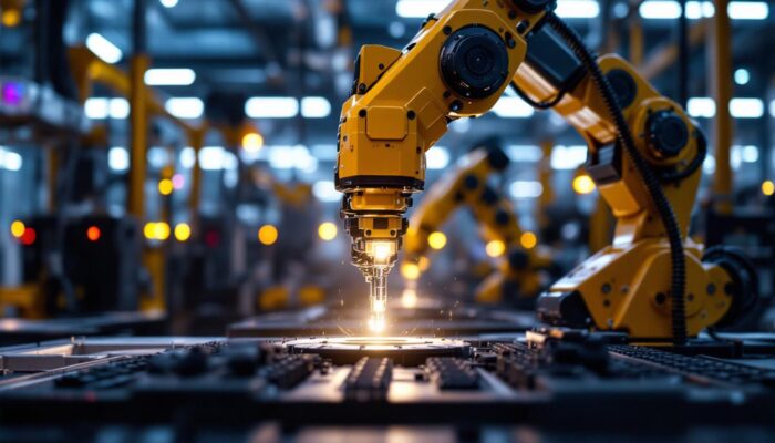 A photograph of a sleek industrial robotic arm in action