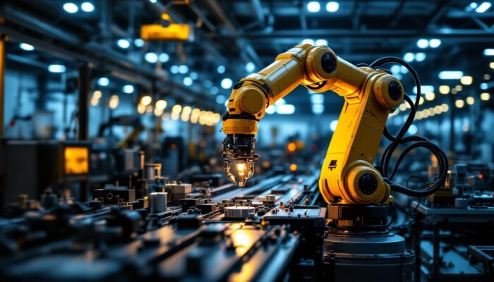 A photograph of a sleek industrial robotic arm in action within a modern manufacturing facility