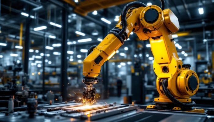 A photograph of a dynamic industrial robotic arm in action within a modern boston manufacturing facility