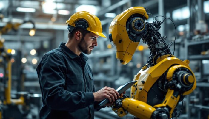A photograph of a skilled technician programming or interacting with an industrial robot in a modern manufacturing environment
