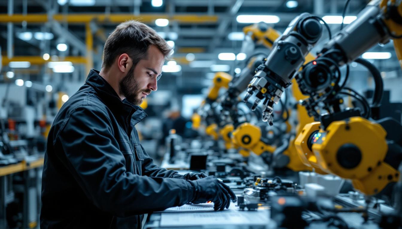 A photograph of a skilled aerodynamics engineer working alongside advanced industrial robots in a high-tech lab