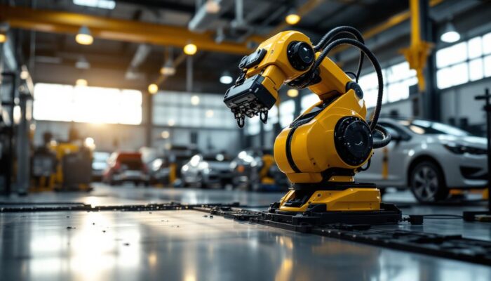 A photograph of a sleek industrial robot in action on the showroom floor of b brother auto sales