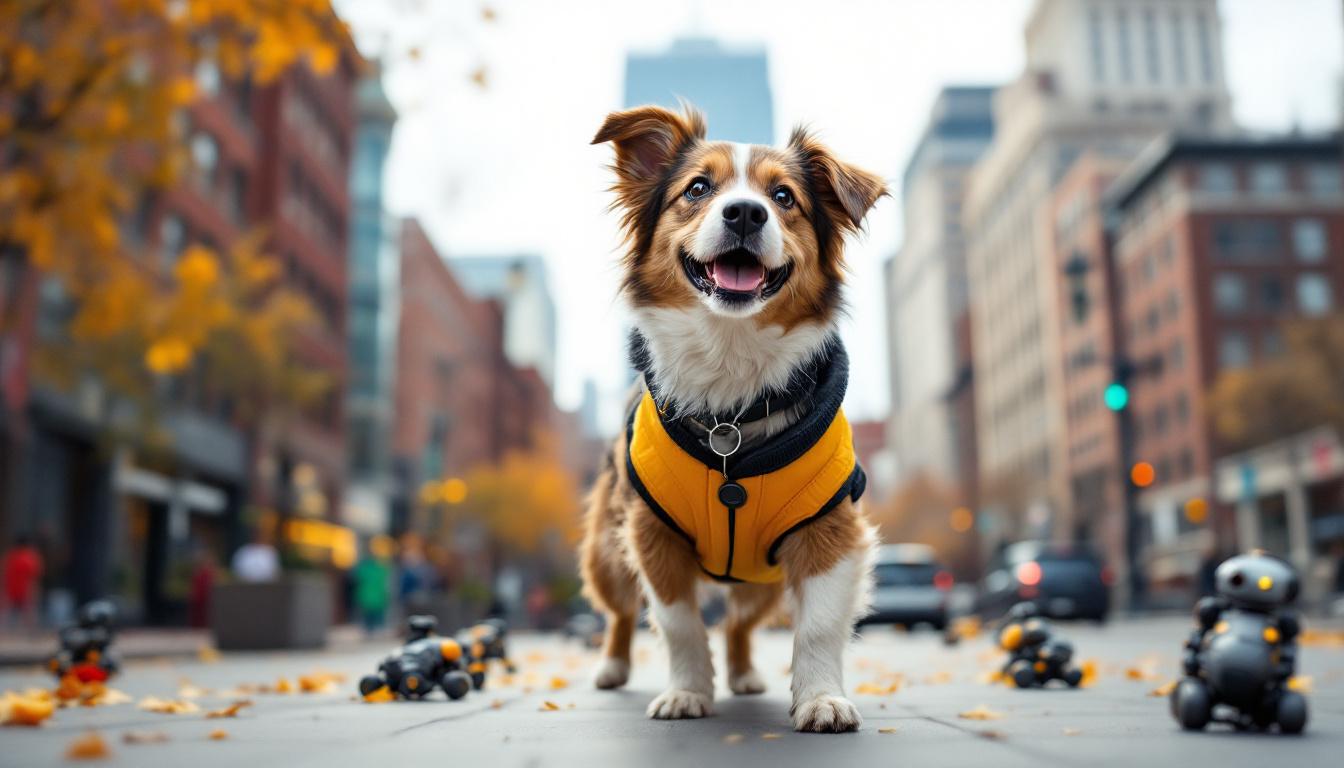 A photograph of a playful dog in a vibrant boston setting