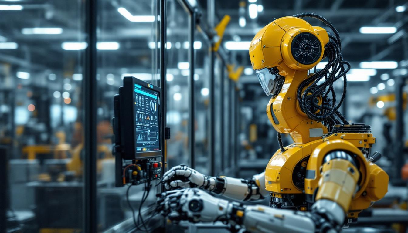 A photograph of a skilled technician programming or operating an industrial robot in a modern san diego manufacturing facility