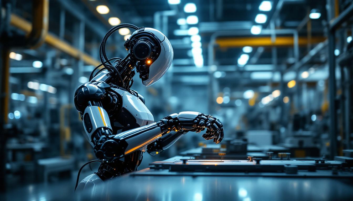 A photograph of a sleek industrial robot in action within a modern manufacturing facility
