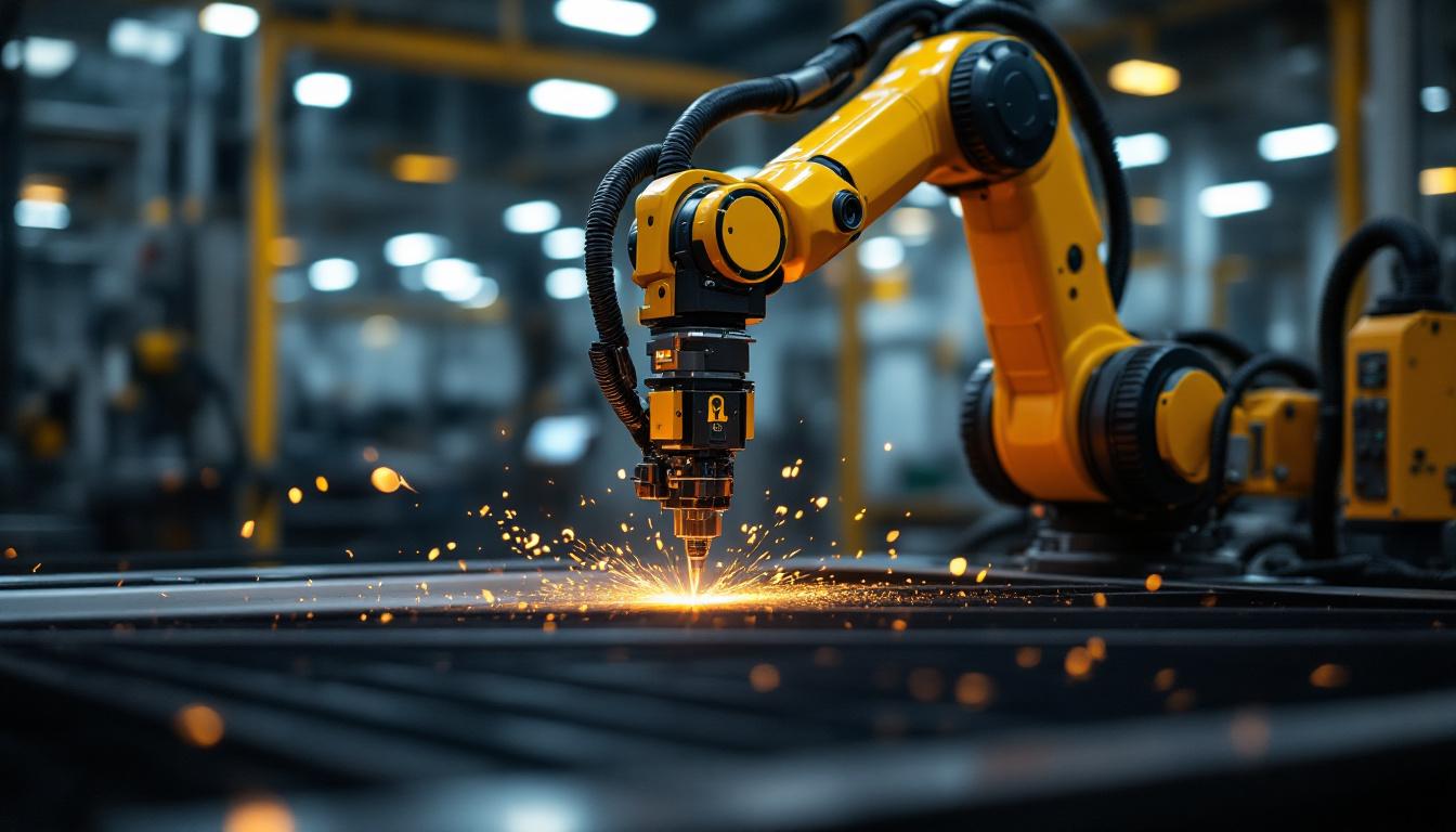 A photograph of capture a photograph of a sleek industrial robotic arm in action