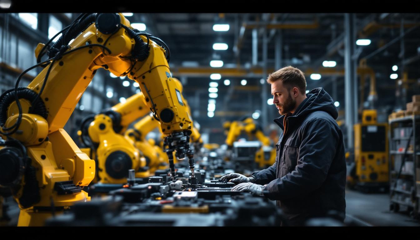 A photograph of a skilled manufacturing engineering manager overseeing a team as they operate advanced industrial robots on the factory floor