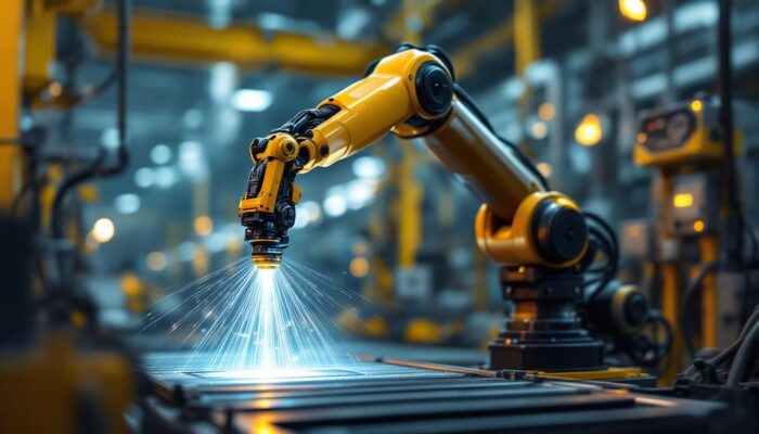 A photograph of a sleek industrial robotic arm in action