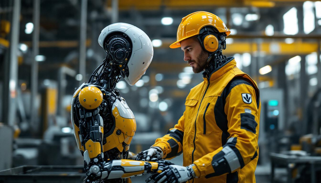 A photograph of a humanoid android in an industrial setting
