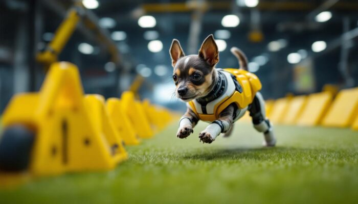 A photograph of a small dog navigating an agility course