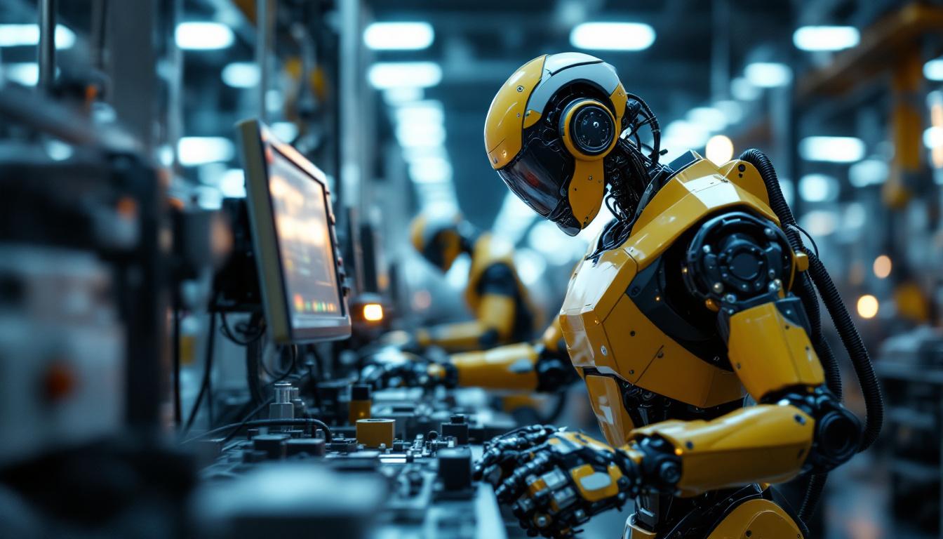 A photograph of a sleek industrial robot in action within a manufacturing environment