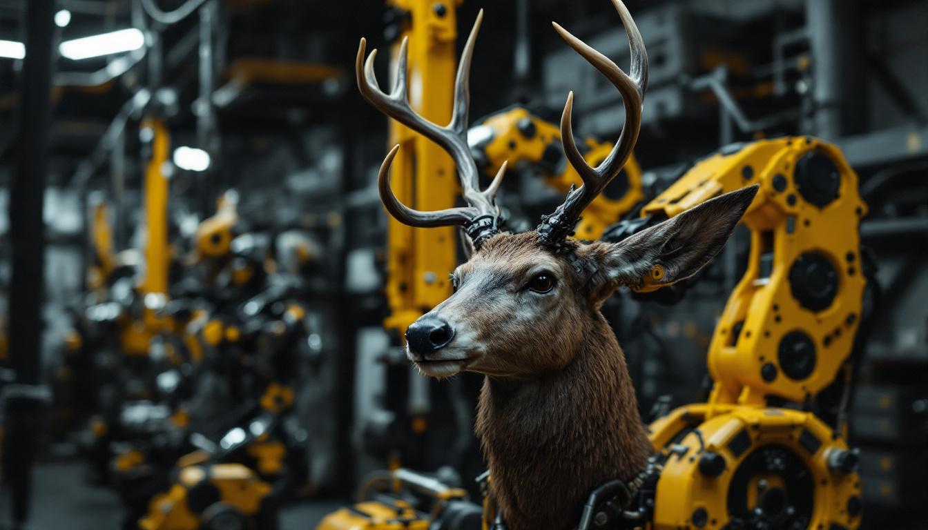 A photograph of a full range deer mount displayed in an industrial setting