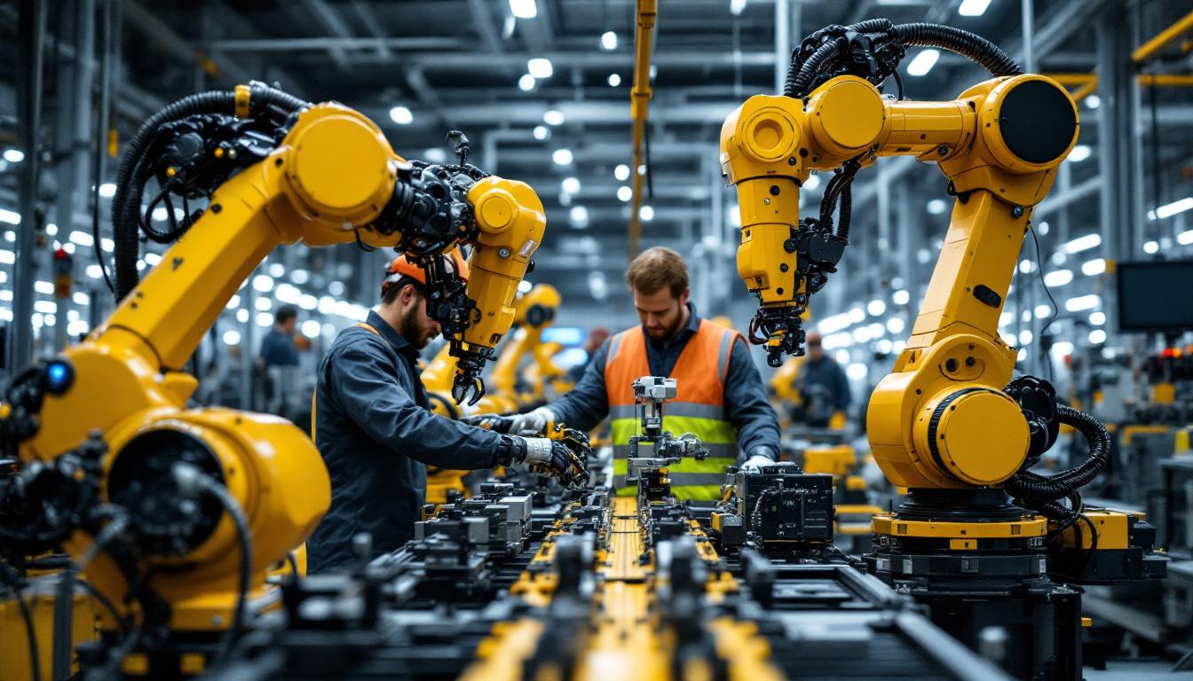A photograph of a modern manufacturing facility showcasing industrial robots in action
