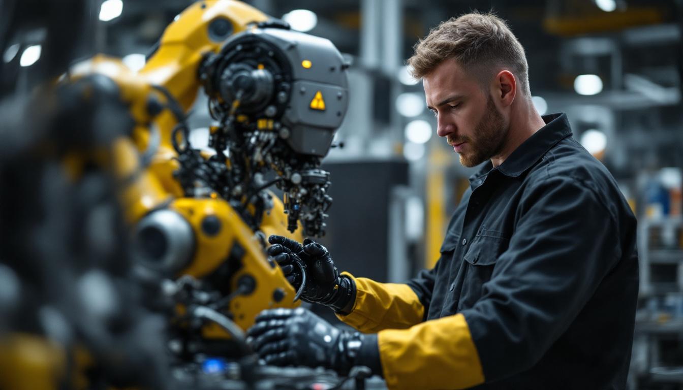 A photograph of a skilled electrical engineer working on an industrial robot