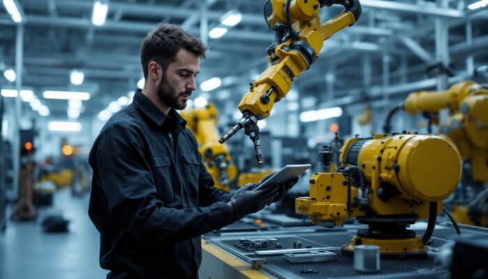A photograph of a materials engineer in a modern industrial setting