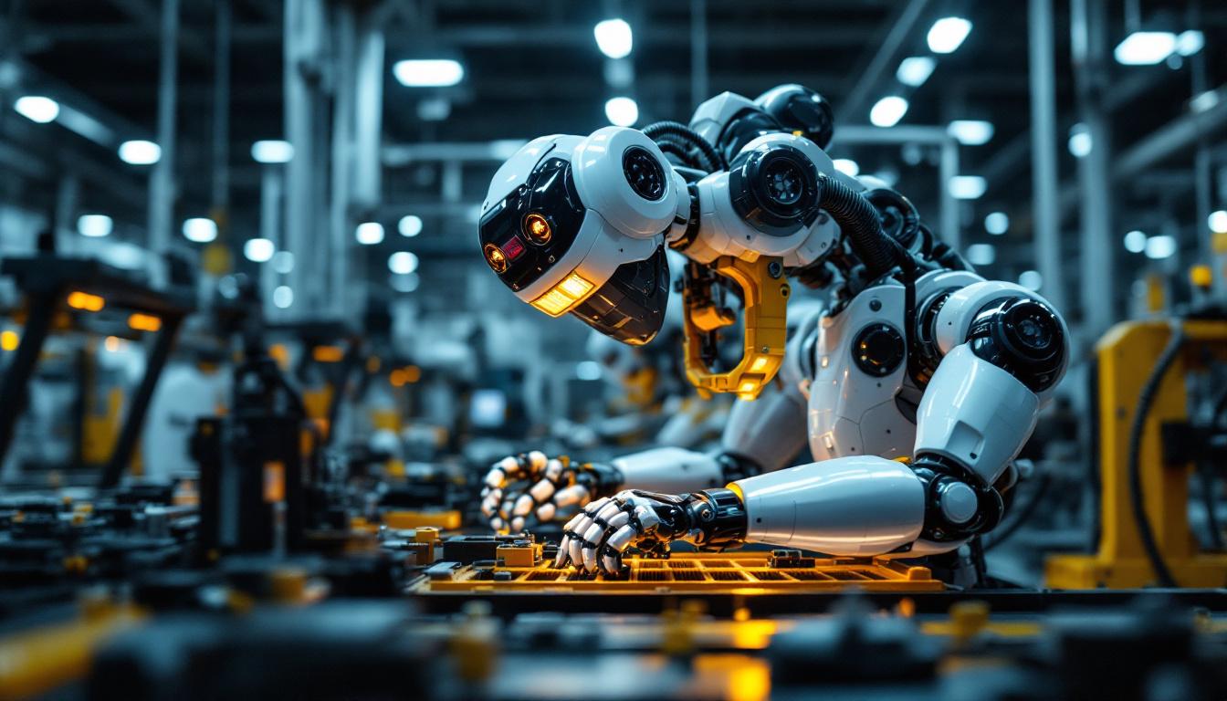 A photograph of a sleek industrial robot in action within a modern manufacturing environment