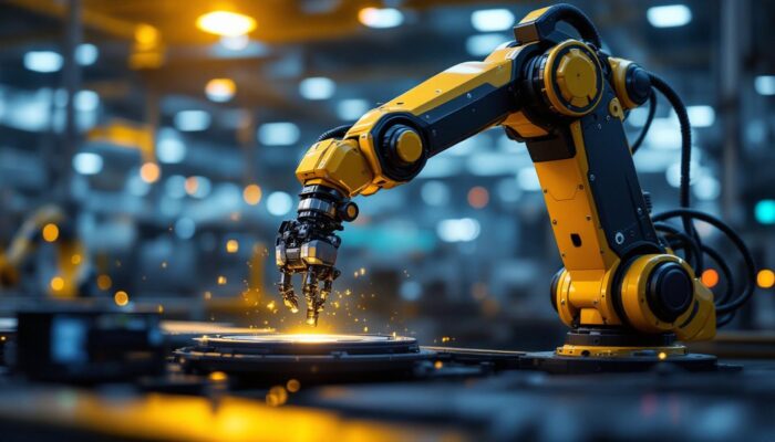A photograph of a sleek industrial robotic arm in action
