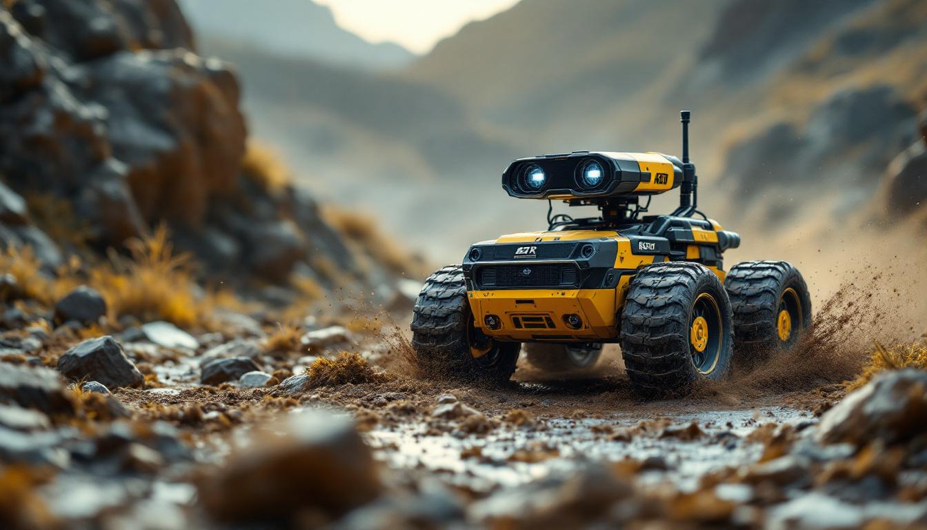 A photograph of a rugged all-terrain robot navigating a challenging outdoor environment
