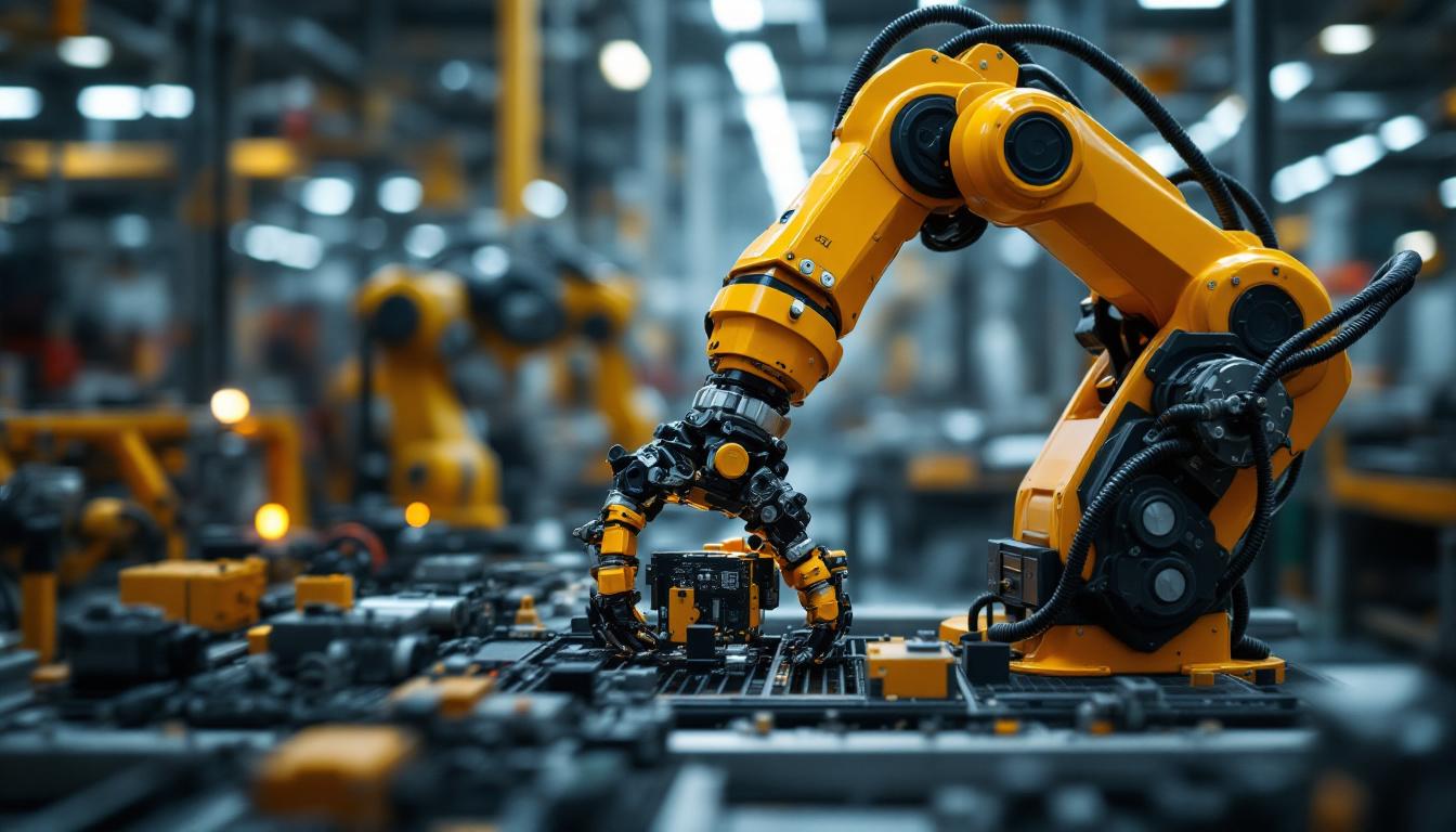 A photograph of a dynamic industrial setting where a robotic arm is actively assembling or interacting with components