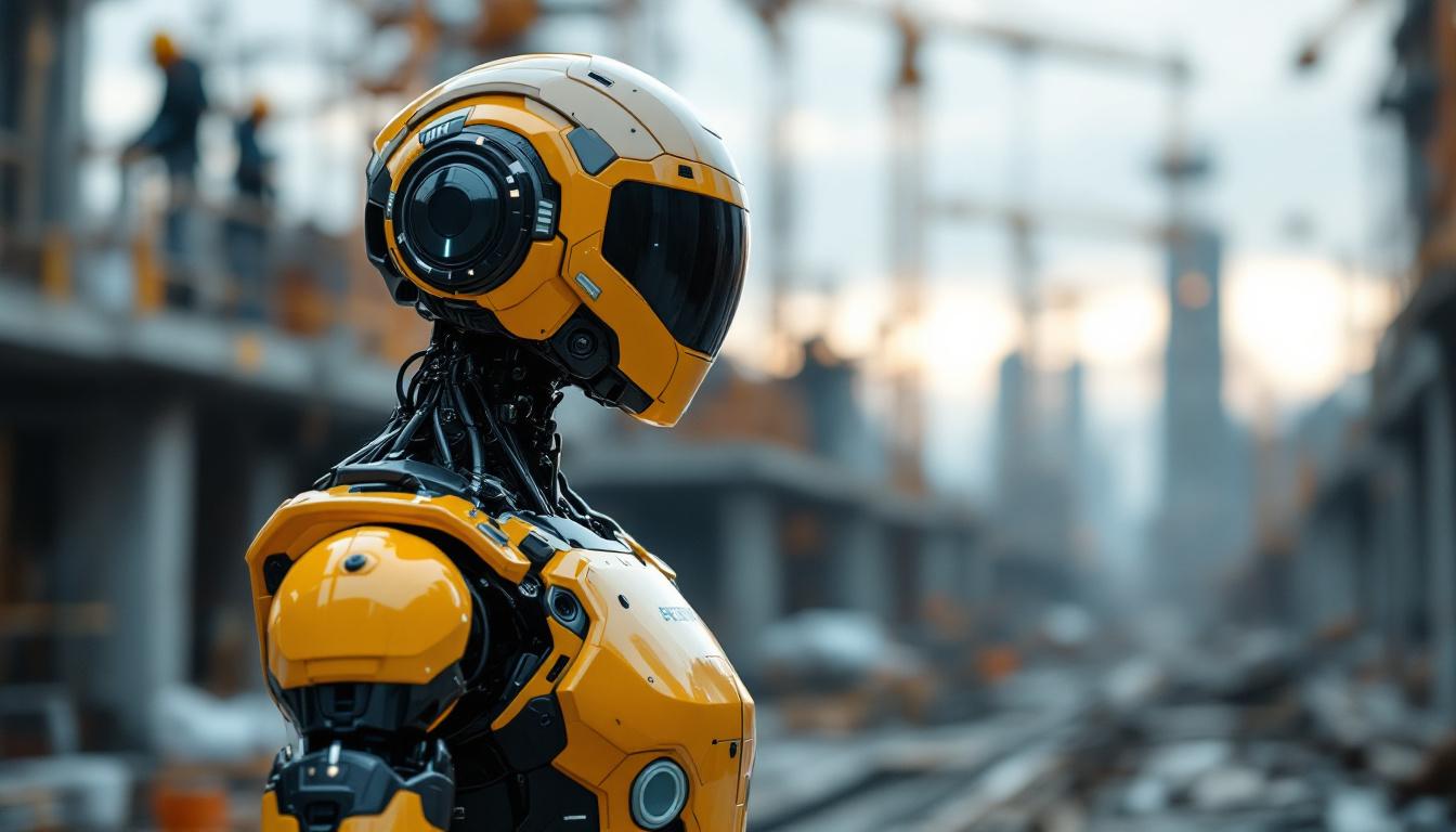 A photograph of a futuristic industrial robotic security guard in action at a construction site