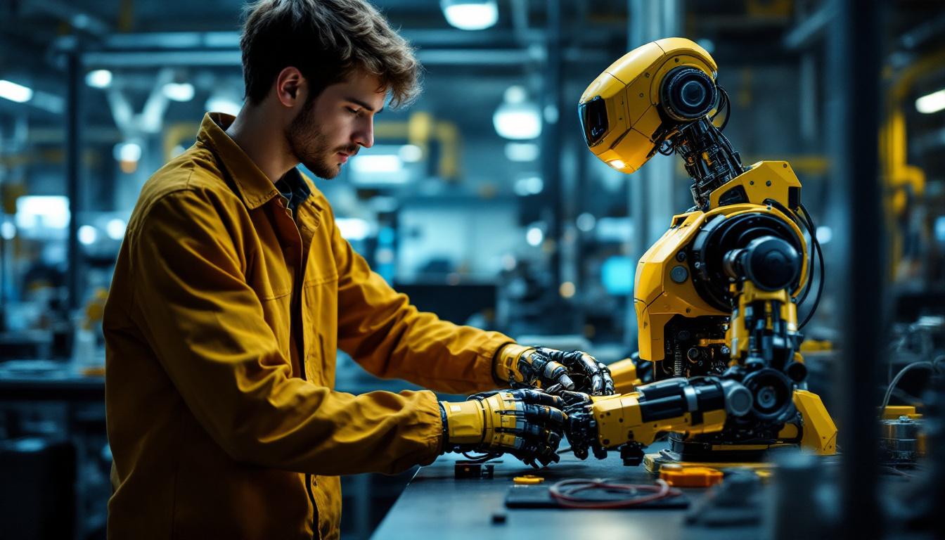 A photograph of a mechanical engineering student at virginia tech working hands-on with an industrial robot in a lab setting