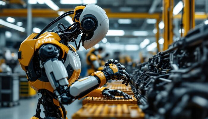 A photograph of a sleek industrial robot performing a car inspection in a modern automotive workshop