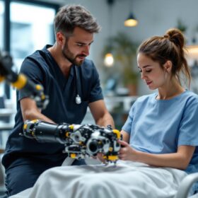 A photograph of a skilled occupational therapist working with a patient in a rehabilitation setting