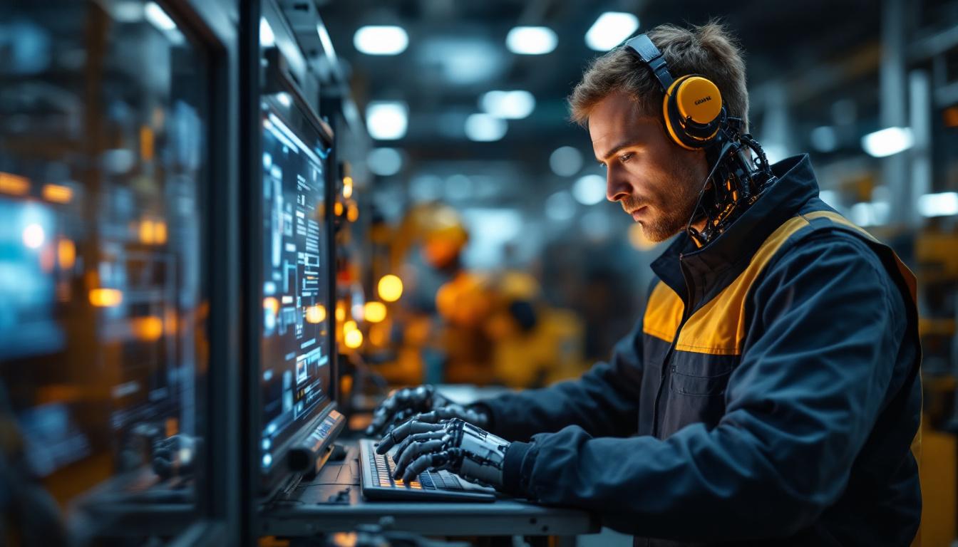 A photograph of a skilled technician programming or interacting with an industrial robot in a modern manufacturing facility