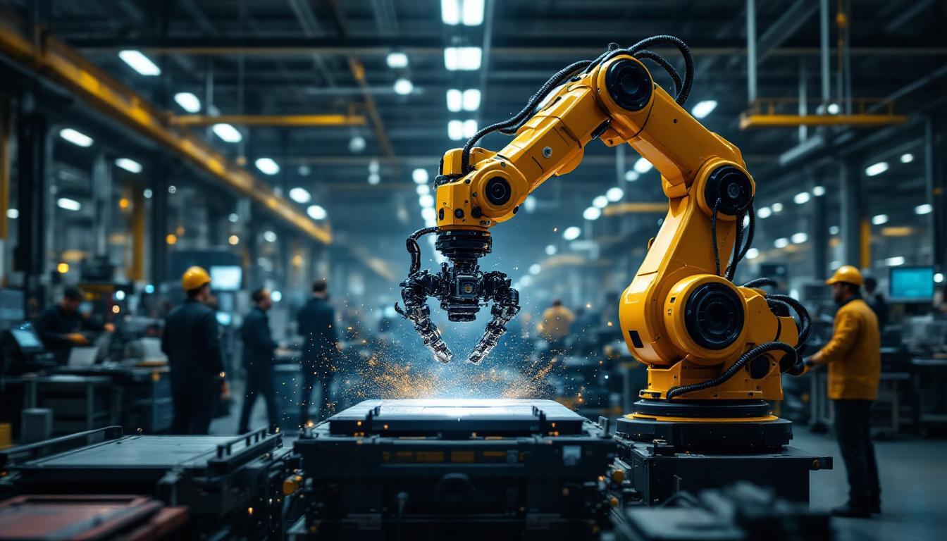 A photograph of a dynamic industrial robotic arm in action within a bustling manufacturing environment